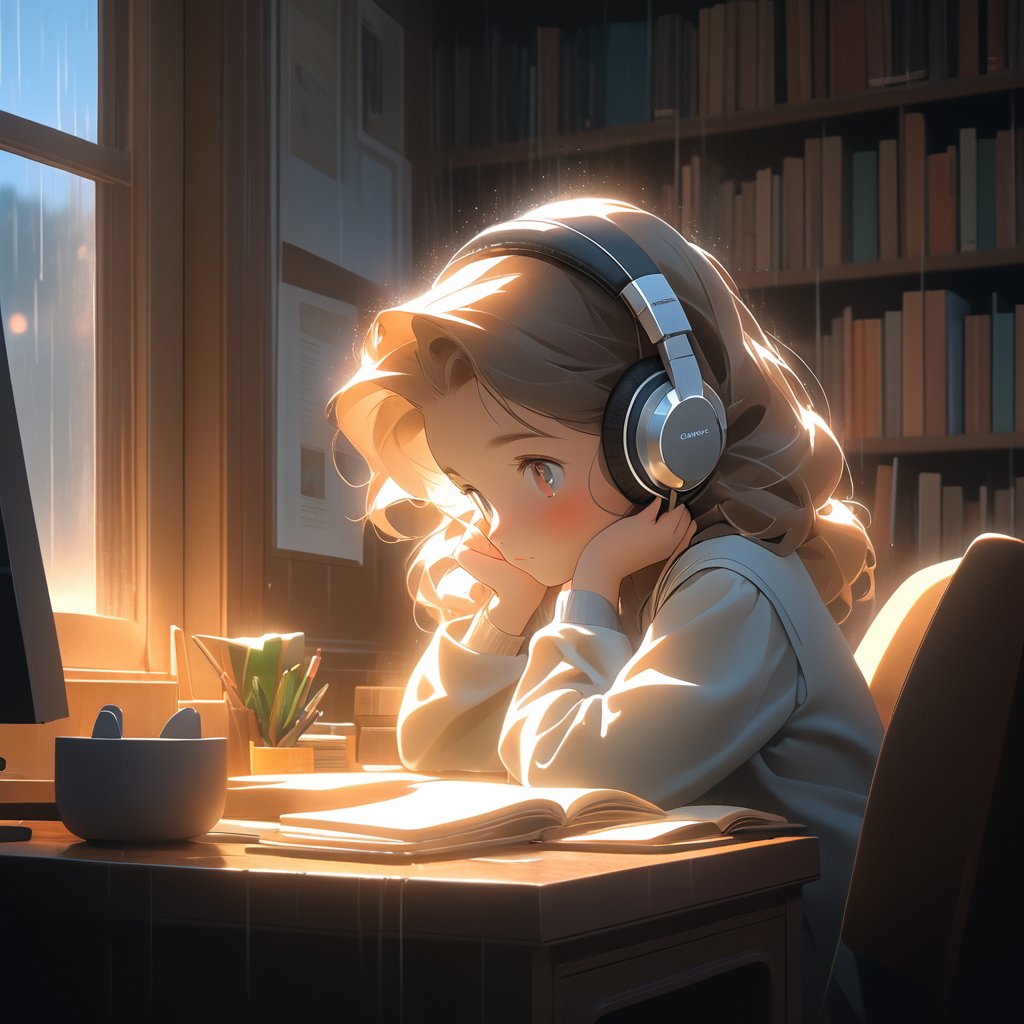  a studious girl, huddled at her desk amidst a cozy study nook. The rain-soaked window behind her casts a soft, dim light, while the retro headphones on her ears exude a soft, dull glow. The composition is framed by the window's silhouette, with the low light emphasizing the girl's focus and creating a sense of depth.