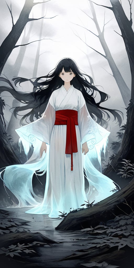 In a dimly lit, mystical forest, a faceless, towering Asian girl stands tall, her slender figure illuminated by an eerie, glowing mist. Her long, flowing hair appears to be made of dark, swirling clouds, as she confronts a horde of imaginary creatures from mythological lore. A bold, red sash wraps around her waist, symbolizing her unwavering determination and courage. The air is heavy with the scent of wet earth and decaying leaves, as if the very forest itself holds its breath in anticipation of the adventure to come.,art_booster,black hands