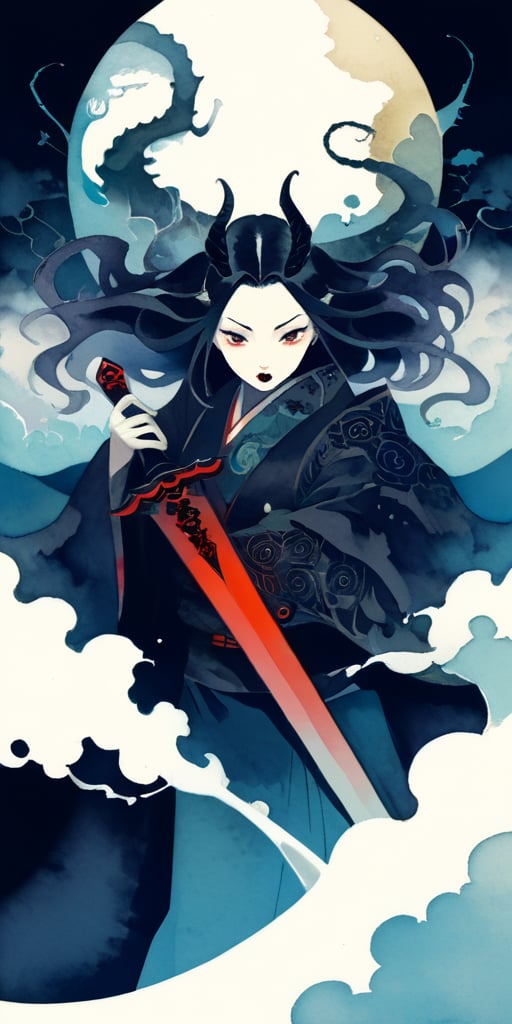 asian japanese woman, detailed face, holding black dagger, fantasy and science fiction theme, menacing, dramatic settings, bold and powerful, embodying the essence of heroism and adventure, fierce, formidable, imaginary creatures, figures from mythology, in the style of amano, sots art, Lovecraftian horror, concept art, ,watercolor \(medium\),Flat vector art,Yuru-Flat