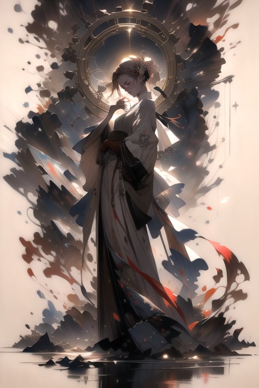 masterpiece, impasto, painting, cinematic lighting, dynamic rays, medium shot, full body, hyperdetailed, 1 goddess, long brown hair, black eyes, white dress, huddle, plain background, trending artstation, trending WLOP, fully rendered, expressive style,A Traditional Japanese Art