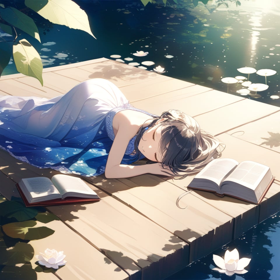 Realistic, CG style, on a hot summer day, the soft sunlight casts mottled light and shadow through the leaves. A teenage girl in a thin dress is lying on a Japanese-style wooden platform on the pond, taking a nap next to an open book, a glass of icy drink. Peaceful and peaceful atmosphere, beautiful, elegant, very detailed, establishing shot