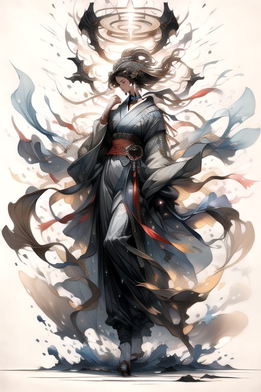 masterpiece, impasto, painting, cinematic lighting, dynamic rays, medium shot, full body, hyperdetailed, 1 goddess, long brown hair, black eyes, white dress, huddle, plain background, trending artstation, trending WLOP, fully rendered, expressive style,A Traditional Japanese Art,beautyniji,tianyuan,chinkstyle,BlackworkStyleManityro