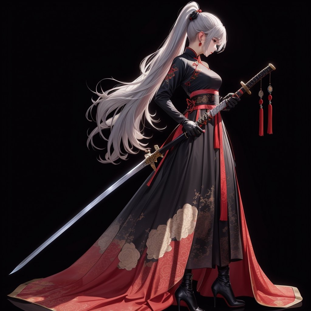 1girl, solo, simple background, gloves, long sleeves, Great sword, long sword, chinese traditional dress, jewelry, standing, full body, weapon, silver hair, earrings, black gloves, high pony tail, black footwear, high heels, from side, profile, makeup, high heel boots, sword stuck in the ground, hands hold the sword hilt in front of her chest, long skirt,Fashion cheongsam, HanFu,jianxian