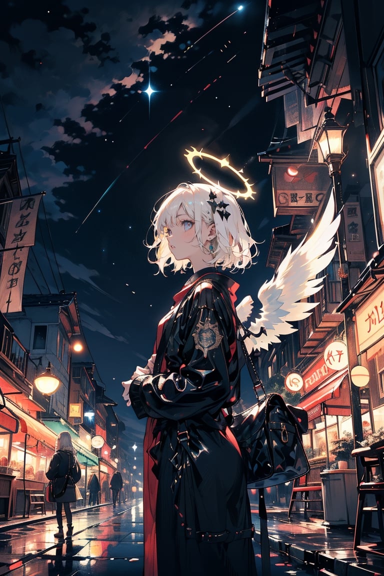 a girl remisnicing of the past, fluttering white hair, pale skin, nice clothes, baggy, vintage, night street, looking up, night sky, angel halo,halo,Holy light, leather wings