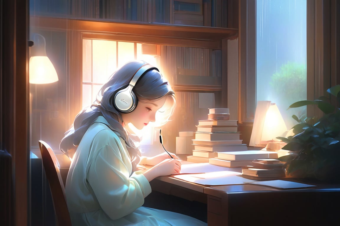 A studious girl, huddled at her desk amidst a cozy study nook, bathed in the warm, rain-soaked glow of the window behind her. Softly illuminated by the dim light, her retro headphones emit a gentle, muted radiance. Framed by the window's silhouette, she's fully immersed in her studies, with the low light emphasizing her focus and creating a sense of depth. In a photorealistic concept art piece, reminiscent of Niji-style illustrations, every detail is meticulously crafted to perfection, from the soft folds of her clothing to the subtle textures of her surroundings.