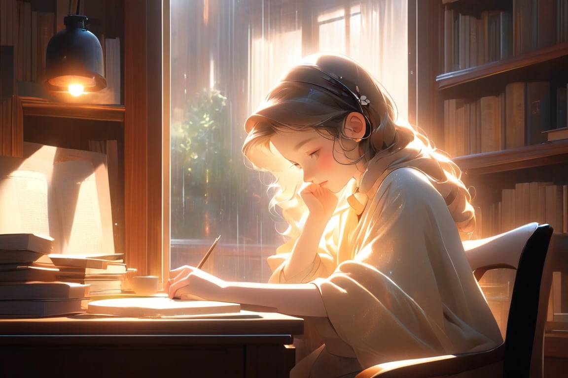 A studious girl, huddled at her desk amidst a cozy study nook, surrounded by books and subtle ambient lighting. Soft rain patters on the window behind her, casting a warm, dim glow that emphasizes her focus. Retro headphones adorn her ears, emitting a soft, gentle luminescence. The composition is framed by the window's silhouette, creating depth and visual interest. A delicate niji-style atmosphere unfolds, with subtle color gradations and realistic textures, set against a photorealistic concept art backdrop, bathed in soft, natural light.