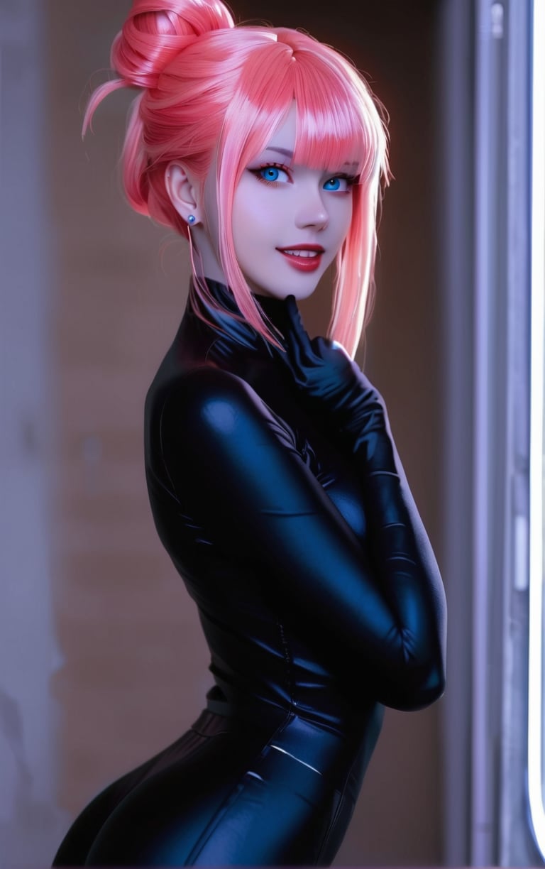 In a dimly lit, neon-drenched alleyway, Lucy stands solo, her gaze piercing through the haze as she looks directly at the viewer. Her bangs frame her striking blue eyes, partially covered by a bodysuit that showcases her toned upper body. A cascade of pink hair flows down her back, with hints of white and multicolored strands peeking out from beneath. Her parted lips curve into a subtle smile, revealing teeth as she gently fingers her mouth. The overall aesthetic is one of edgy realism, complete with bold red eyeliner, a sharp nose, and a bold, asymmetrical hairdo that adds to her cyberpunk allure.