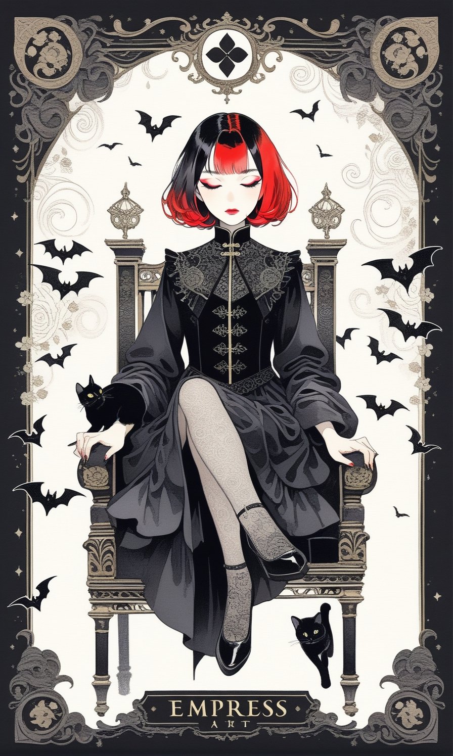 (1woman), sit on a golden chair, front, (show leg), close eyes, bob cut, short hair, multicolored hair, makeup , parted lips, black lips, eyeliner, gothic, goth girl, her hair is styled in a bob with bangs. the tips of her hair are dyed red, full body, fractal art, (tarot card design), botanical illustration, black bats and cat illustration, classic, elegant flourishes, lofi art style, retro, (text that says "Empress"at bottom), best quality, masterpiece, extremely detailed, intricate details, dark theme ,chinese ink drawing