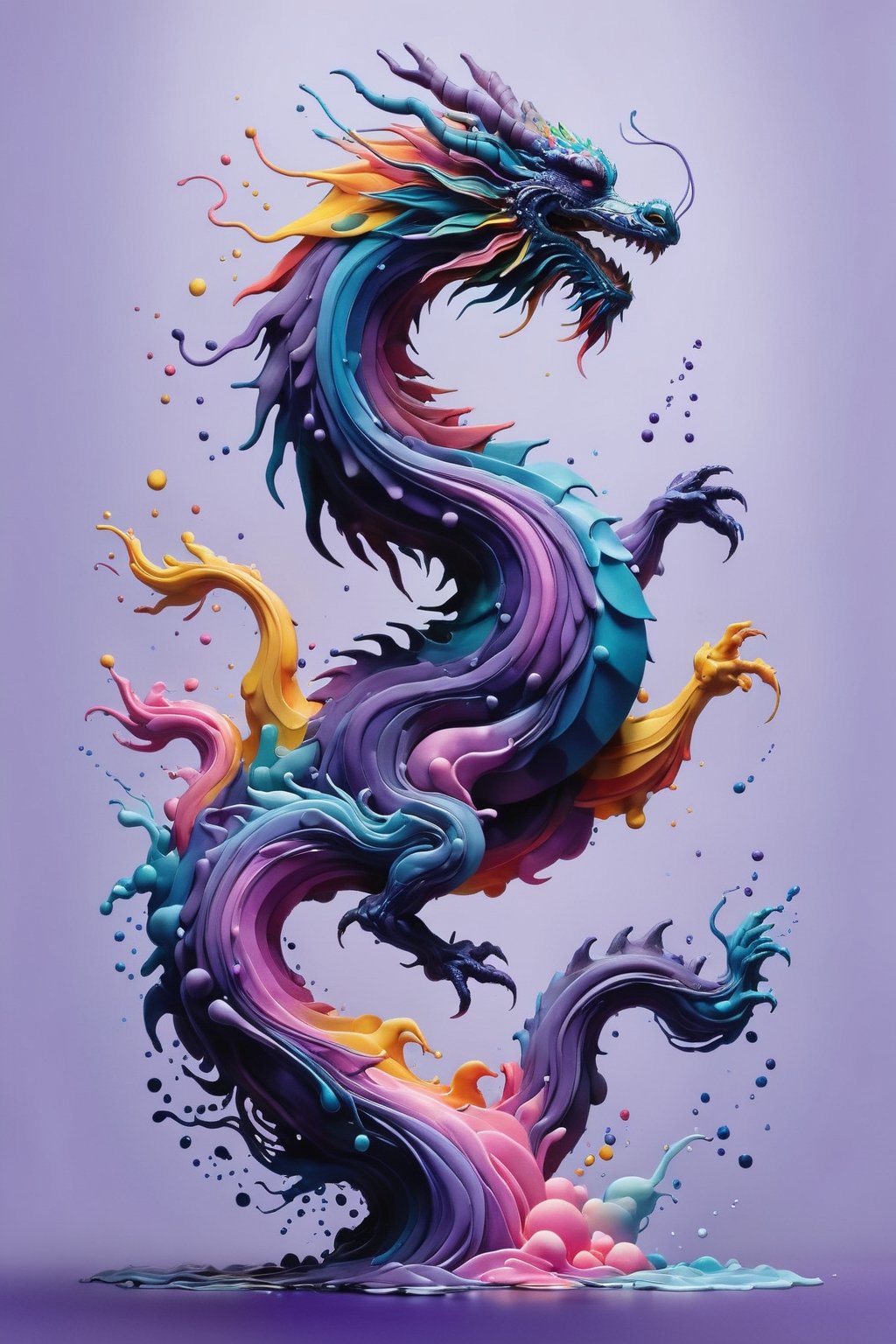 (Innovative and original abstract painting:1.4), made of multi-colored acrilic paint drops dissolving in the water, (drawing the perfect silhouette of a dragon:1.4), purple liquid gradient background, amazing artwork, serendipity art, sharp focus, intricate details, highly detailed, by God himself, Wu Chi-Tsung, Calida Rawles, ADD MORE DETAIL