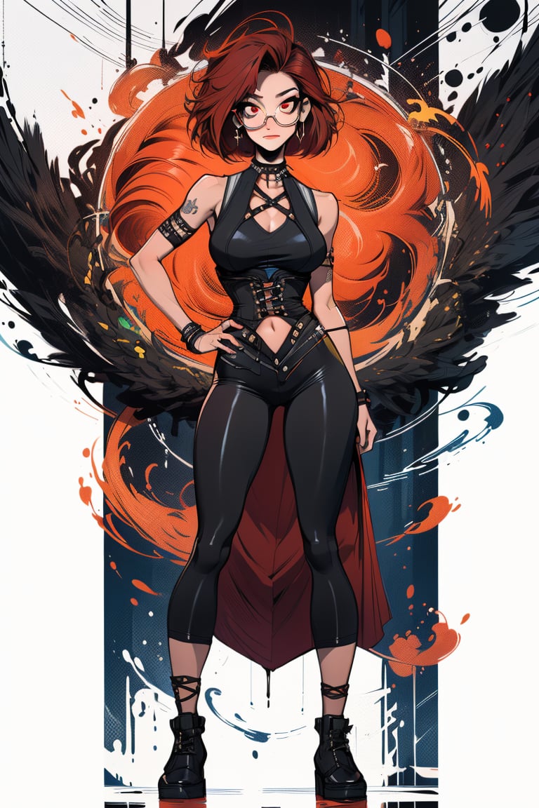 A beautiful woman, short messy hair, large breasts, (large breasts quality), red eyes, red hair, ((full_body)) Corset Flared Crisscross Strap hakama, (Punk Sleeveless Dress), stomach, circle-glasses, black pants, 4k,best quality,masterpiece,SAM YANG,jk style,midjourney