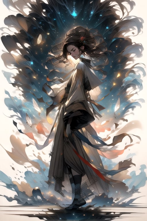 masterpiece, impasto, painting, cinematic lighting, dynamic rays, medium shot, full body, hyperdetailed, 1 goddess, long brown hair, black eyes, white dress, huddle, plain background, trending artstation, trending WLOP, fully rendered, expressive style,A Traditional Japanese Art,beautyniji,tianyuan,chinkstyle,BlackworkStyleManityro,firefliesfireflies