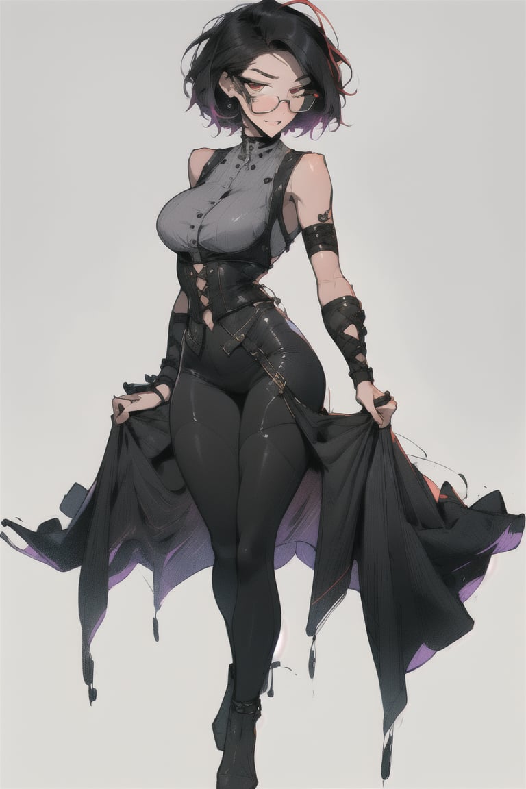 A beautiful woman, medium hair, large breasts, (large breasts quality), red eyes, red hair, ((full_body)) Corset Flared Crisscross Strap Dress, (Punk Sleeveless Dress), stomach, circle-glasses, black pants, 4k,best quality,masterpiece,SAM YANG,jk style,midjourney