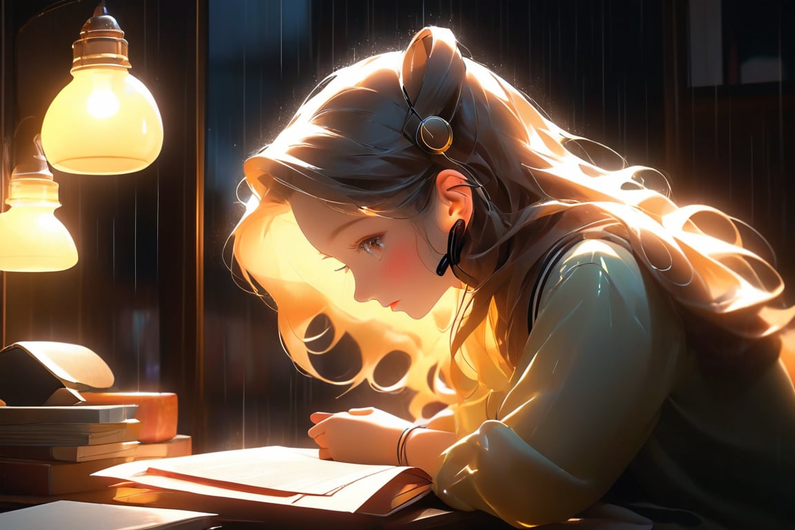 A studious girl, enveloped by the warm glow of her study nook, sits huddled at her desk on a rainy night. Soft, dim rain-lit silhouette casts a cozy ambiance, while retro headphones emit a subtle luminescence. The composition is framed by the window's curve, emphasizing the girl's intense focus and creating depth. In a stunning 8K photorealistic concept art piece, soft natural light bathes the scene, reminiscent of niji-style illustrations. Every detail shines with breathtaking beauty in this ultra-high definition masterpiece.