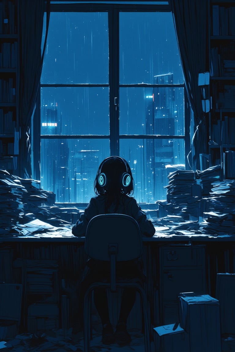 A lone figure sits at a cluttered study table on a rainy day, surrounded by books and papers. Her focus is solely on the task at hand, her eyes intensely studying as she wears headphones with neon outlines. The window behind her is partially obscured by rain-soaked panes, casting an eerie glow over the scene. In this dimly lit flat design, EpicArt masterfully captures the quiet intensity of a studious mind.