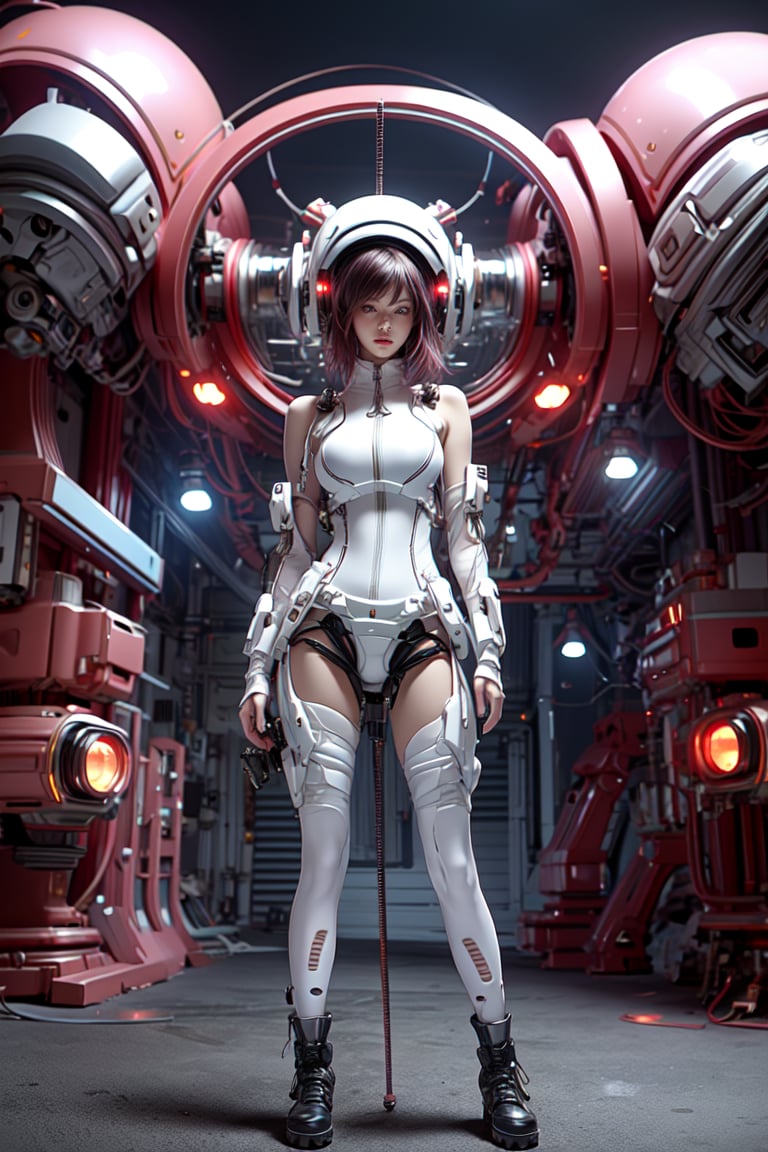 A futuristic cityscape at dusk, with neon lights reflecting off the sleek, high-resolution mecha suit worn by a slender android girl. Cinematic angle captures her cool smirk and sharp eyes as she crouches in combat mode, holding a sword and surveying her surroundings. Her short ponytail is tied back, and she dons a combat helmet, night vision goggles, tactical belt, boots, and vest. The scene is bathed in warm light, with subtle shadows accentuating the incredibly detailed mecha suit. Photon mapping, radiosity, and physically-based rendering create an ultra-realistic image with automatic white balance.