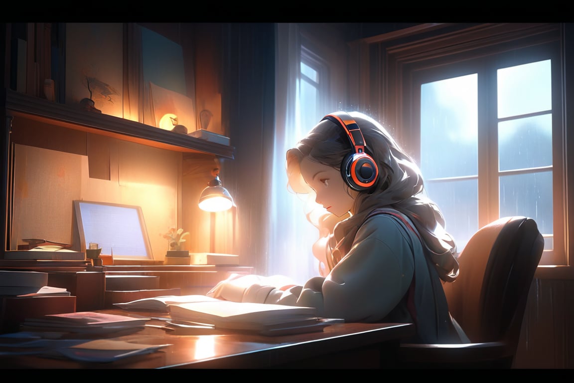 a studious girl, huddled at her desk amidst a cozy study nook. The rain-soaked window behind her casts a soft, dim light, while the retro headphones on her ears exude a soft, dull glow. The composition is framed by the window's silhouette, with the low light emphasizing the girl's focus and creating a sense of depth. The 8K artistic photography-style illustration features breathtaking beauty, textures, and realistic details, making it a masterpiece in ultra-high definition (UHD).
photorealistic concept art, soft natural volumetric cinematic perfect light. ,niji style