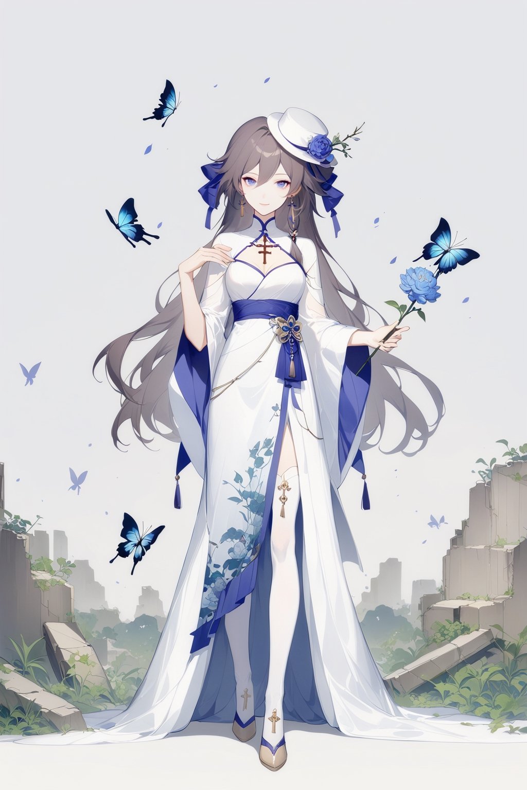 [[fu hua(Honkai Impact 3rd)]], (full body), nai3, 1girl, solo, artstyle,
1girl, solo, dress, ribbon, holding, standing, purple eyes, hair ribbon, purple hair, flower, white dress, official alternate costume, holding flower, ruins, overgrown, 1girl, solo, long hair, breasts, looking at viewer, smile, blue eyes, skirt, brown hair, thighhighs, cleavage, jewelry, medium breasts, hair ribbon, earrings, two side up, gem, solo, long hair, blue eyes, blonde hair, simple background, long sleeves, 1boy, hat, holding, very long hair, standing, male focus, grey background, cross, bug, butterfly, robe, butterfly on hand,chinese_painting,watercolor \(medium\),chinese ink drawing,painting