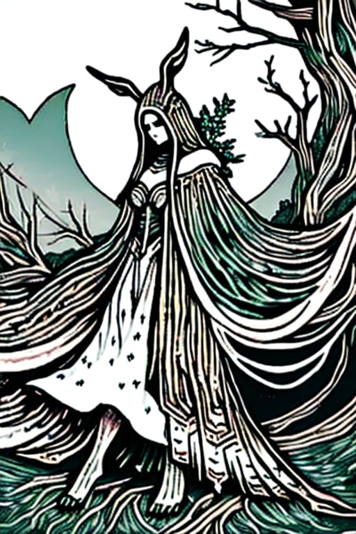 In a mystical realm, a shaman girl donning a rabbit-faced mask stands amidst a sprawling, gnarled tree with branches that seem to stretch towards the sky. Her attire blends seamlessly with the surrounding foliage, as if she's an extension of nature itself. Flat colors evoke a dreamlike quality, while the composition guides the viewer's eye through the mystical landscape.
,DonMV00d00,DonMC1rcu17Pl4n