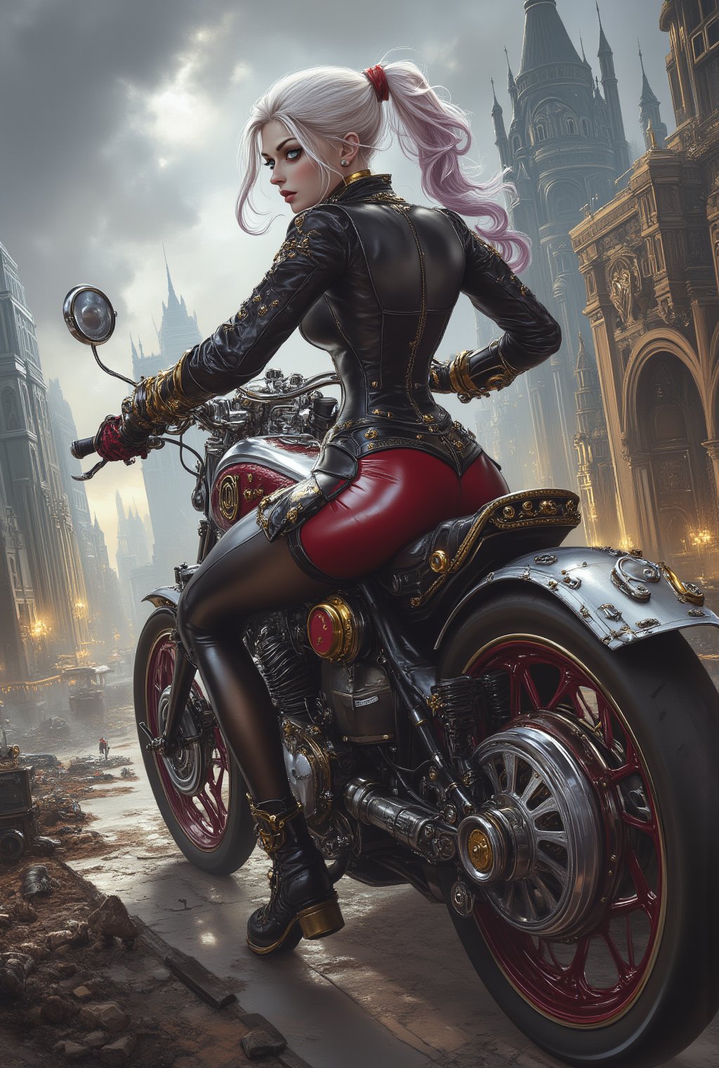 Harley Quinn, perfect eyes aglow with mischief, rides her steampunk motorcycle in the ruins of Future City. The destroyed metropolis stretches out behind her, a cybernetic landscape of twisted metal and smoke-filled skies. Her hourglass figure is amplified by the sleek leather jacket and matching pants, as she navigates the wreckage in dynamic pose. The rear view showcases her ponytail flowing in the wind, while the vibrant colors of her costume pop against the dull gray of the city's ruins. ((Technological wonder)) abounds in every detail, from the cybernetic enhancements on her motorcycle to the futuristic architecture crumbling around her.realistic,detailed,sharp focus,high contrast,masterpiece,best quality,trending on artstation,rule of thirds,depth of perspective,chiaroscuro lighting.ek_ph0t0_b00ster