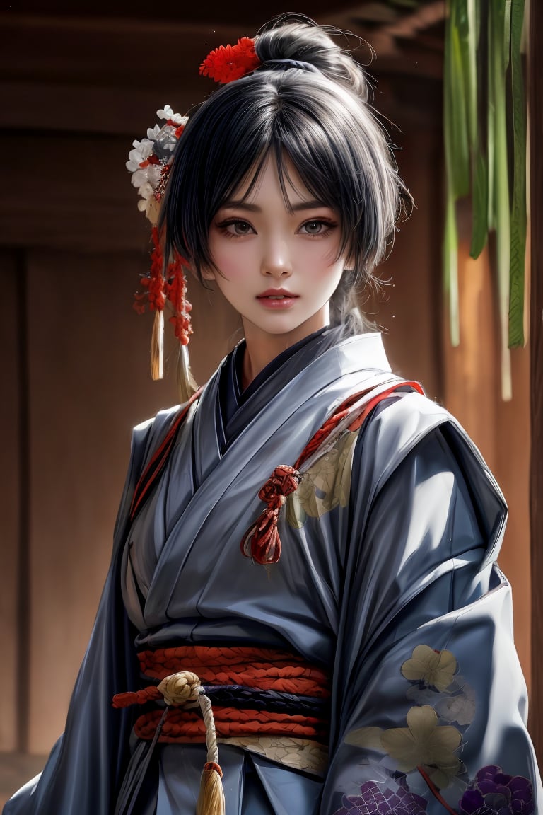 Realistic 8K 60fps, character photos, raindrops, Japanese-style red tattoos, kabuki banshee wearing Japanese new fashion dress with gentle gestures, Japanese-style long-haired demon girl Bonan kabuki, holding a giant sword, ancient giant demon background. Perfectly crafted cyberpunk style and traditional Japanese artistry blend seamlessly, evoking the essence of Chinese ink painting.,kimono,kabukimono