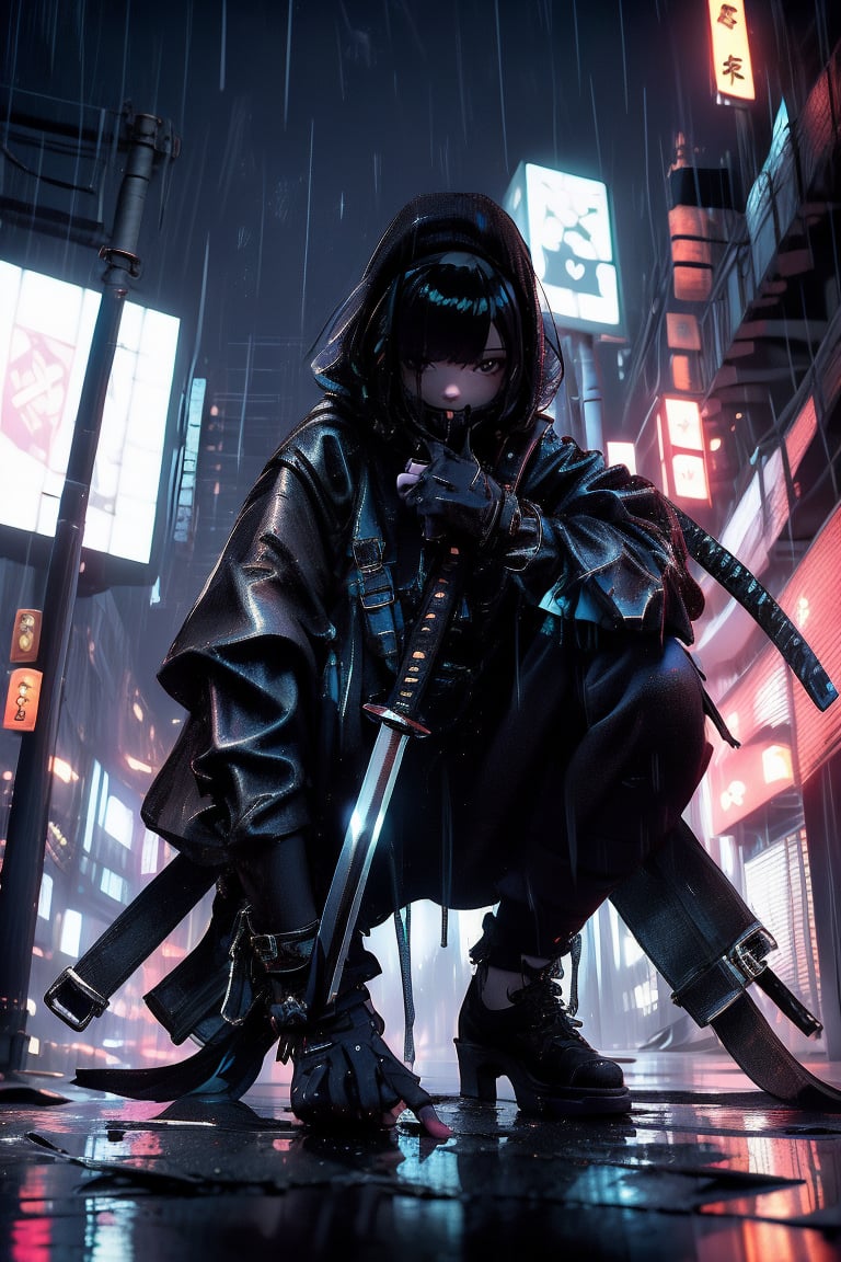 A neonpunk grunge cutie squatting in the rain, her dark leather jacket glistening with dew. She holds her sheathed katana, its gleaming blade a focal point amidst the gloomy atmosphere. Her short pants and fingerless gloves add to the edgy vibe. Bangs frame her closed mouth, while sharp brown eyes lock onto the viewer's gaze. Long hair flows down her back, partially hidden by sidelocks. The background is a blur of cityscapes at night, with reflections rippling across her leather jacket like the rain-kissed pavement. The depth of field isolates our subject, drawing attention to her enigmatic presence.