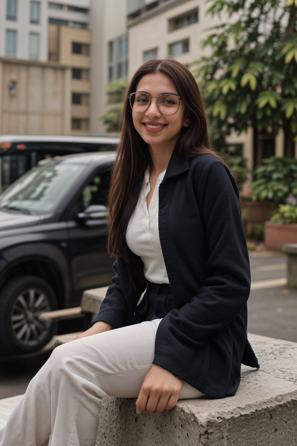 software engineer indian girl, stylish hairs ban, in shilwar and kameez, smiling face with sun glasses sitting on car seat,lora_claire,vidyabalan,Indian