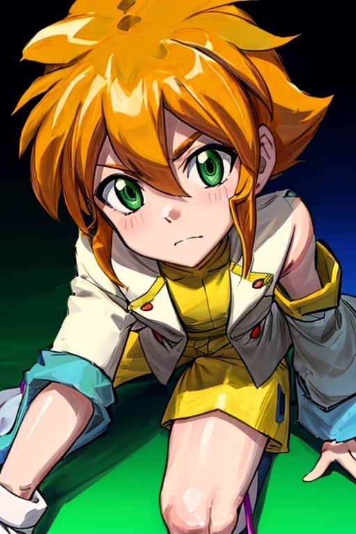 Nudity, Nude, 1boy, solo, yellow shirt, white tunic (sky blue sleeve ends), green eyes, orange hair, fluffy hair, pale skin, white shorts (knee-length), lapels with lime green markings, white boots (mid-calf length), close-up, apathetic face, looking at viewer, best quality, amazing quality, very aesthetic, absurdres