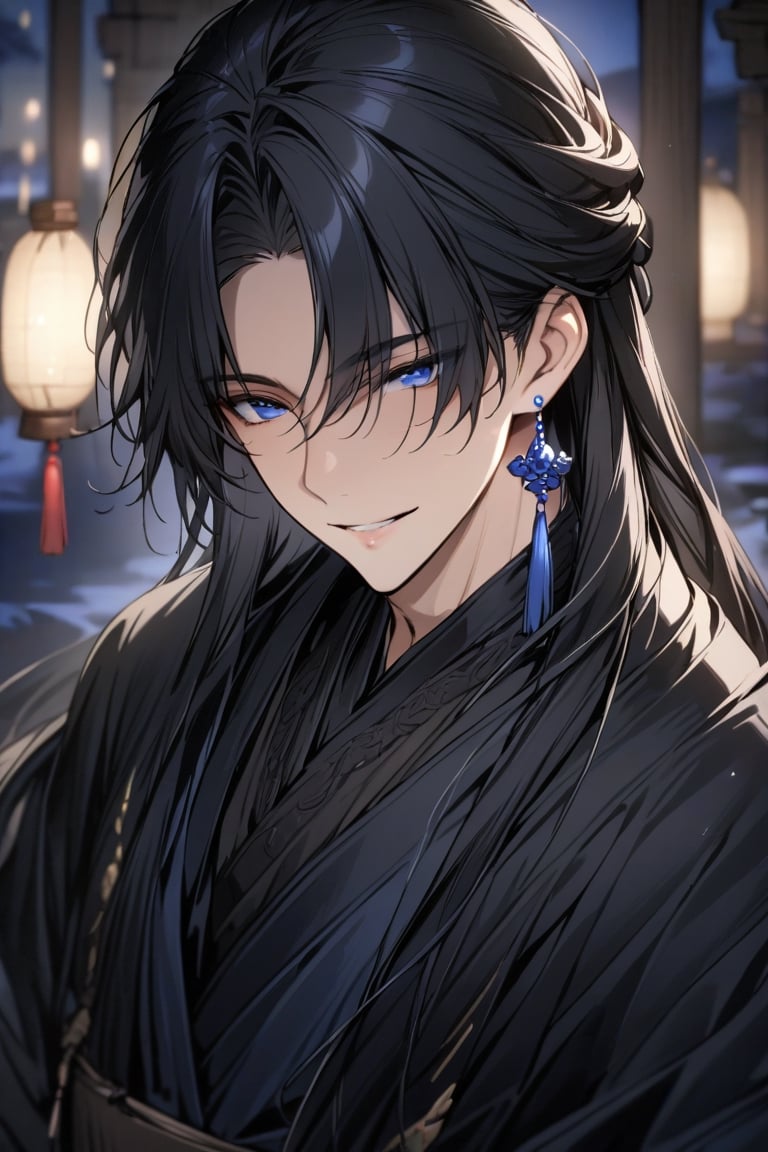 ((masterpiece, best quality)), detailed face, perfect focus, 1boy, (beautiful detailed eyes), handsome, smile, black_hair, long_hair, (blue_earring) , (moonlight), (gorgeous black hanfu), blurry background