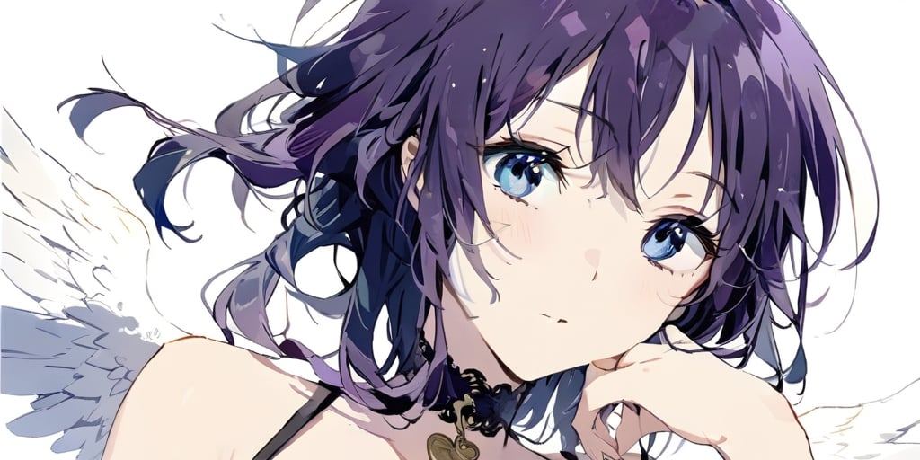 1girl, angel,blue eyes, purple hair, choker, angel wings on back, ahoge,Sitting with one hand running through the hair,portrait, close-up, irezumi ,masterpiece, best quality, aesthetic,Kyoto animation style