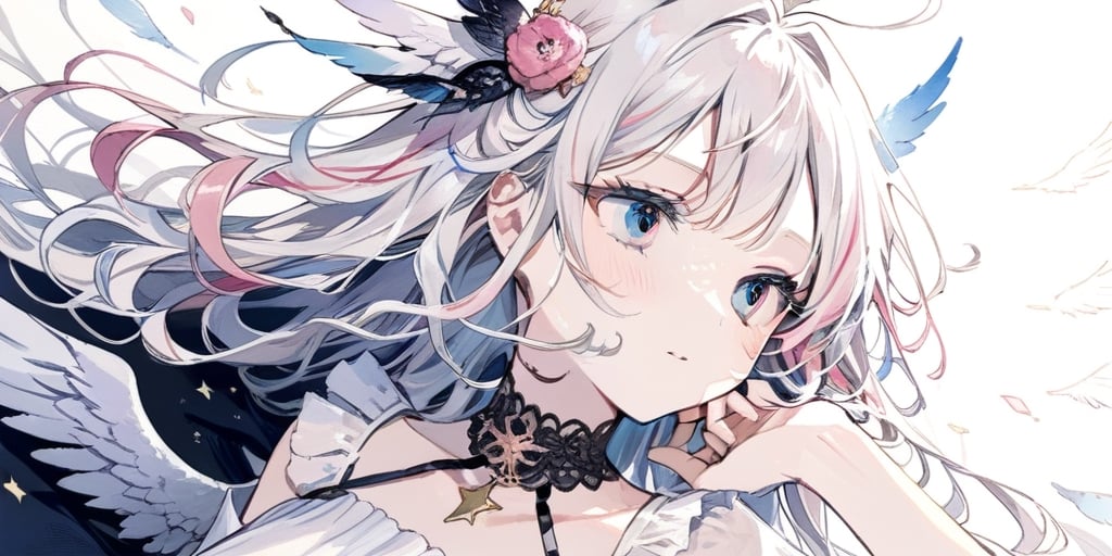 1girl, angel, white hair, long curly hair, two side up,blue eyes, pink hair, choker, angel wings on back, ahoge,Sitting with one hand running through the hair,
portrait, close-up, irezumi ,
masterpiece, best quality, aesthetic,