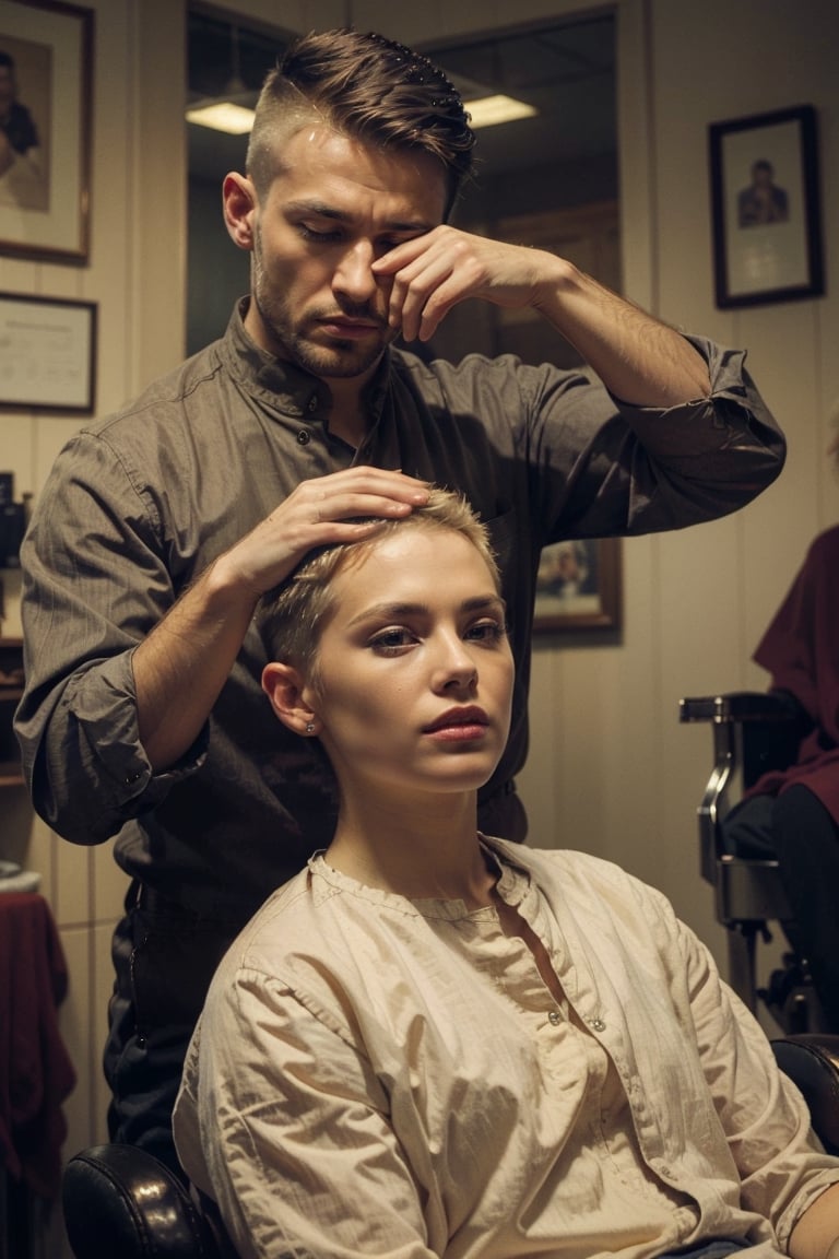 A gorgeous blonde sat in a barbers chair in an old school barbershop having her hair shaved off to a skin fade short back and sides haircut, masterpiece,