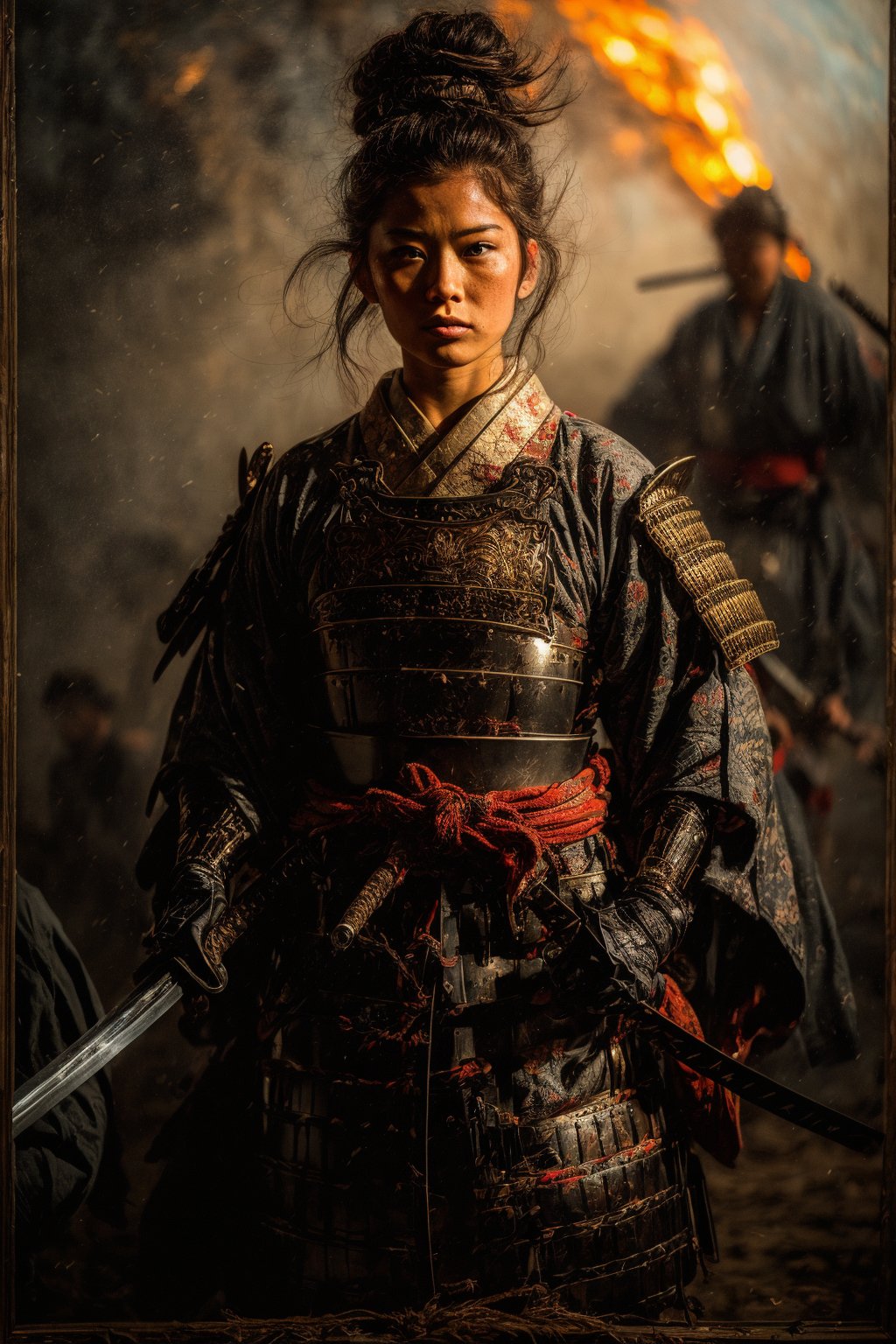 Solid rendering, portrait, ultra-fine painting, extreme detail description, Akira Kurosawa's movie style poster, full body shot of a 16 year old bald samurai girl with shaved head, brown eyes, freckles, samurai sword, concrete city in the background, samurai Kimonos, samurai belts, weapons, and vivid colors embody the samurai spirit of Japan's Warring States Period. The female samurai wear gorgeous armor and are eye-catching, seemingly bursting with self-evident power. The image is a detailed painting that shows the intensity of the warrior woman's gaze and the intricate craftsmanship of the armor. Every intricate detail is depicted to mesmerize viewers, immersing them in the extraordinary skill and artistry captured in this extraordinary epic masterpiece, cinematic experience, and dark fantasy digital art.