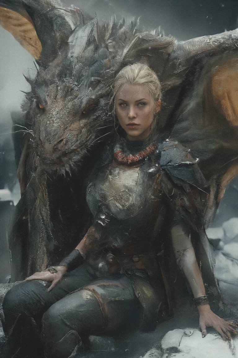 Full body shot, realistic, film grain, candid, toned film, eye spotlight, atmospheric lighting, skin pores, blemishes, natural, shallow depth of field, snow covered valley, draws focus to the female warrior sitting in front of a sleeping dragon. The dragon's face is decorated with thick brown and grey slate scales, and its eyes glow orange. The female warrior wears a grey-green costume, a red necklace and a matching bracelet. She holds a shield in her right hand and a holy sword with a spell inscribed on it in her left hand, sitting on a rock at the edge of a cliff. Her hair is blonde and her face has a serious expression. The background of the scene is dark, and the dragon's wings are a mixture of brown, orange and green colors, CCTV footage of a horror monster, ruins of a distant castle, l4r4cr0ft