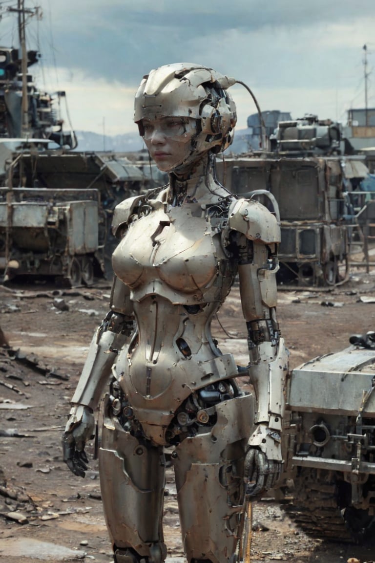 A cinematic photograph captures a majestic 2-meter tall organomachine creature standing amidst the desolate, rocky terrain of a barren planet. The humanoid figure boasts a robust biological core encased within a metallic exoskeleton, its modular limbs incorporating mechanical actuators and biological muscles. A metal helmet adorns the head, featuring multiple bionic eyes and sensors, while pale skin is partially covered by metal plates in various colors and textures. In this harsh environment devoid of life, the organomachine creature appears to be scavenging for robotic parts and energy sources. The 8K resolution photograph showcases ultra-detailed photorealism, with cinematic lighting accentuating the drama of the scene. The creature's athletic body shape and perfect proportions are highlighted, complete with notable features such as big breasts.,cutout dress,T-90M,BTR-80,Cyberpunk_Anime