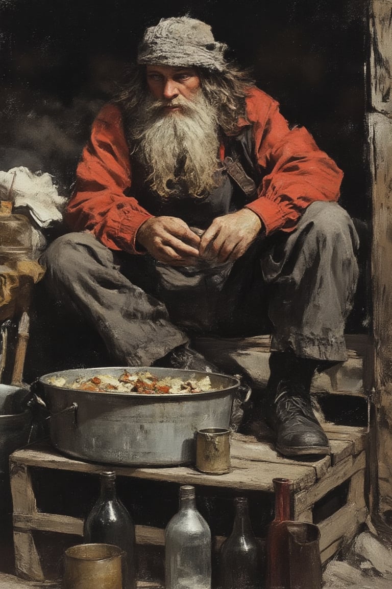 Captured at eye-level,  a portrait of an old man with a long gray beard and a gray hat is seated on a wooden crate. The ma...