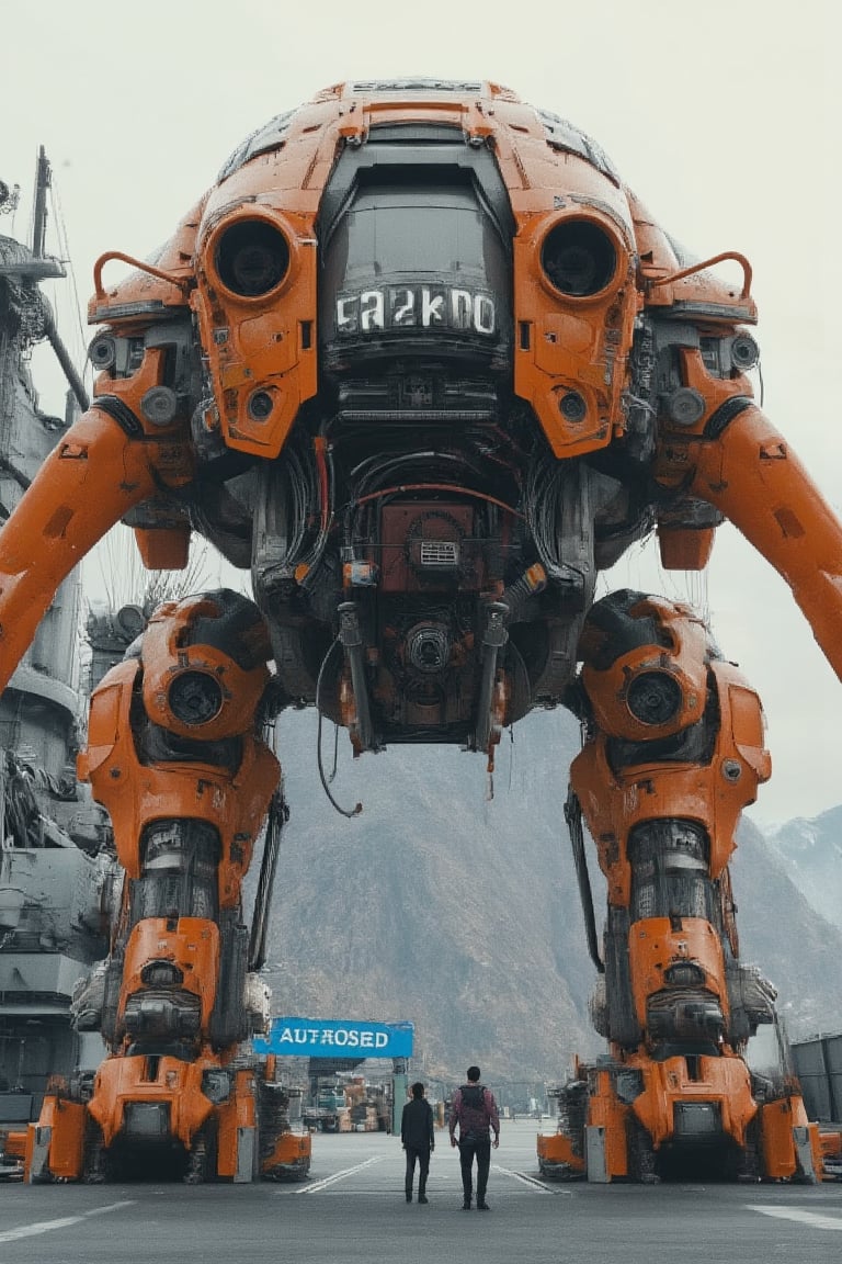 Masterpiece, Best Quality, Official Art, Extremely Detailed CG Unity 8k Wallpaper, Ridiculous, 8k Resolution, Exquisite Features, Perfect Face, Cinematic Lighting, Incase Style, Stars\\(Sky\\), Science Fiction, Shot at Eye Level on an Overcast Day, Detailed Depth of Complex Mechanical Structure of Future Battle Mech, Clearly Showing Intricate Details of Armor Components and Design, Partial Exoskeleton Painted in Vivid Orange, Standing on the Deck of a Grey Aircraft Carrier. The Battle Mech's Body is Covered with Various Stickers, including the Numbers \"821476\" and \"YING\" Written in Bold White Letters. Its Wings Are Spread, Adding a Touch of Color to the Scene. Three Men in Dark Maintenance Overalls Stand in Front of the Robot and Look at It. In the Background, a Blue Sign Reads \"AUTOSEED\" in White Letters, with Mountains in the Background, The Medium Appears to be Digital Art, or Concept Art, Bohemian Girl. Hasselblad 503CW, Low Exposure, High Contrast, ISO 400 (Pushed to 800), with 80mm Standard Lens, Fantasy Detail