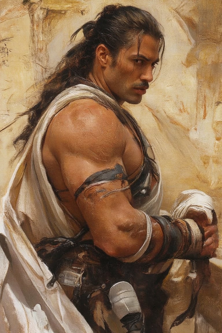 a medium-sized painting of a muscular man with long dark hair tied in a ponytail and a black mustache. He is holding a swo...