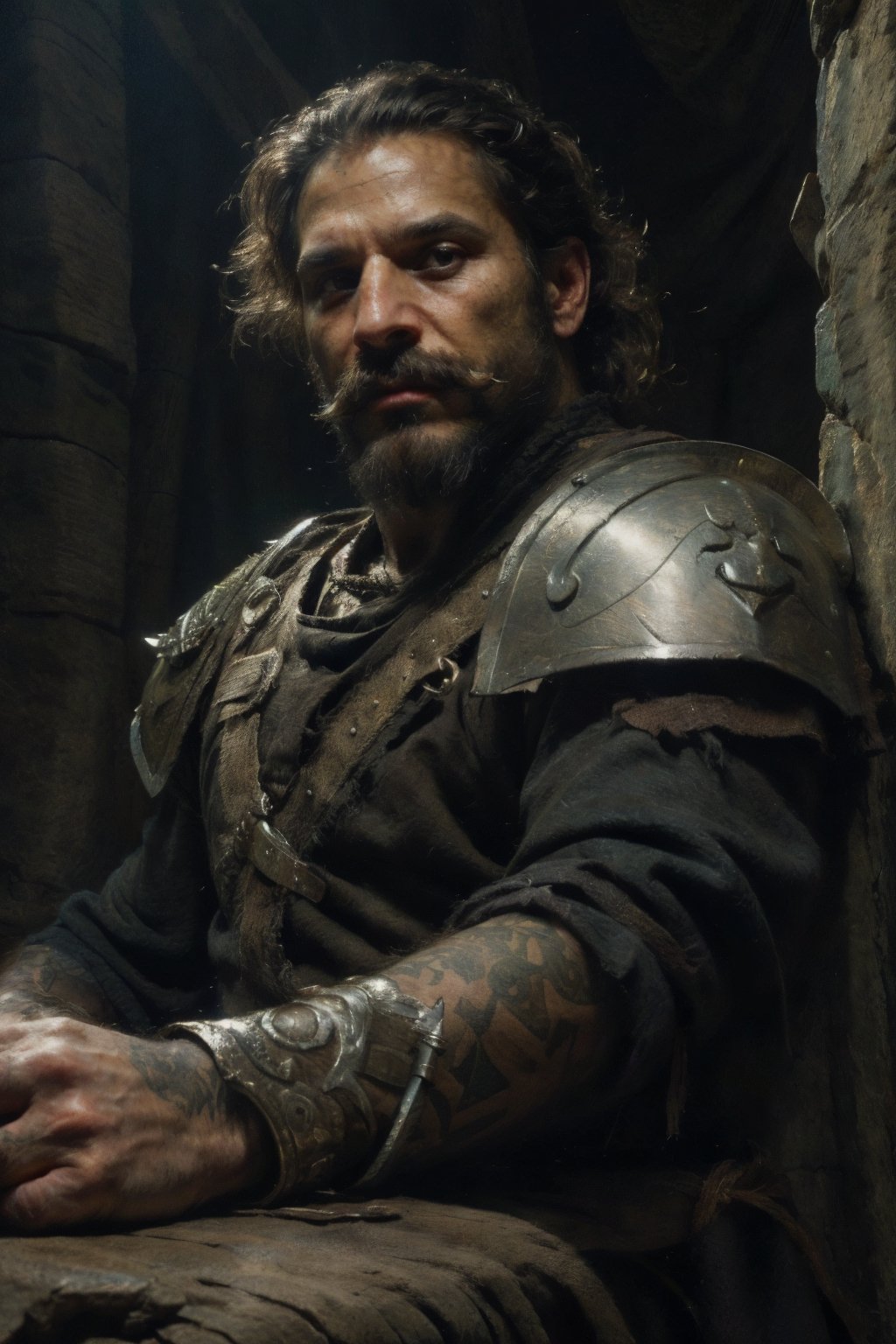 solo, 1boy, weapon, male focus, sword, armor, tattoo, facial hair, knife, beard, realistic, mustache, dagger