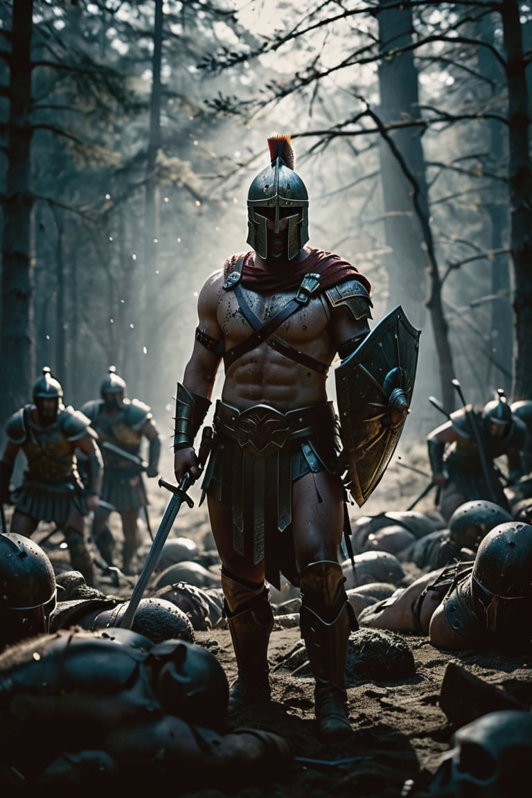 full body shot, Realism, Film Grain, Candid Camera, Color Graded Film, Eye Spotlight, Atmospheric Lighting, Skin Pores, Blemishes, Nature, Shallow depth of field, draws focus to The Spartan warrior stands alone, surrounded by the bodies of his fallen comrades. He grips his weapon tightly, ready to face the enemy in a final act of defiance. Use stylistic rendering adjectives to describe the intensity of the moment, from the glint of his sword to the determination in his eyes.