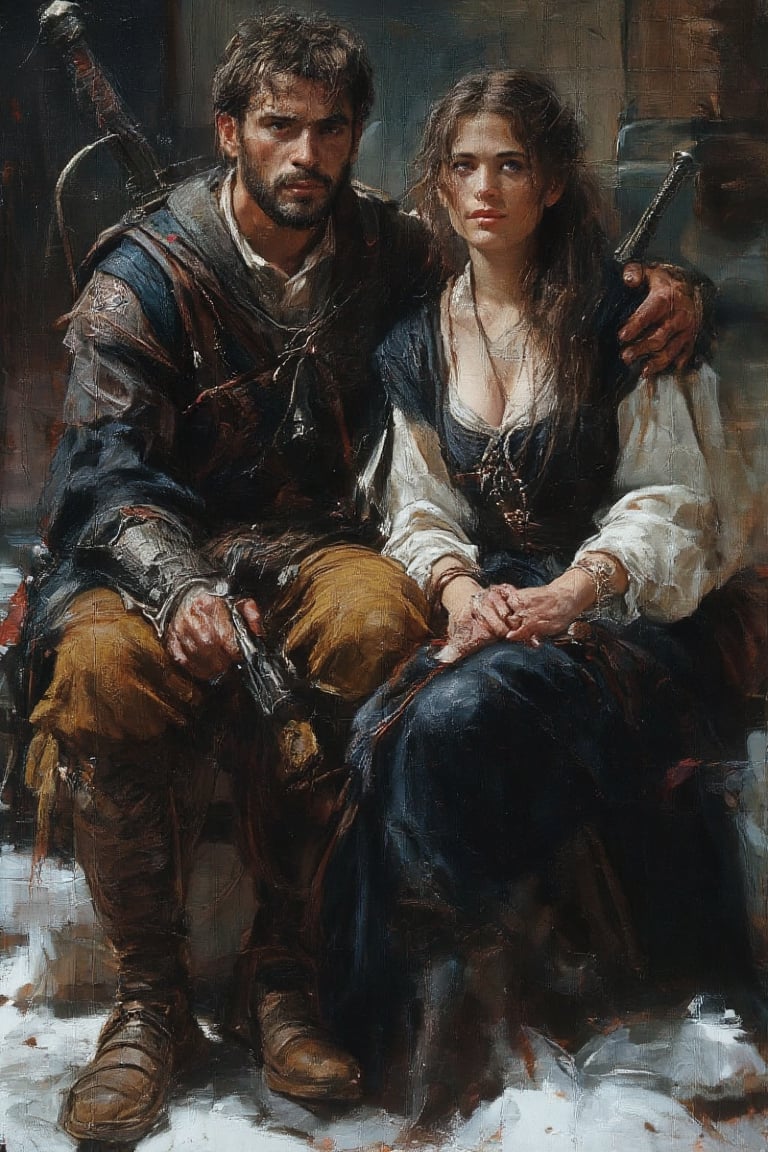 Captured in a cartoonish painting, a man and a woman are seated on a white surface. The man is dressed in a medieval-style outfit, adorned with a black jacket, brown pants, and brown boots. The woman is wearing a black dress with a white shirt and black pants. She has long dark hair, and is holding a sword in her right hand. Her left hand is resting on her hip. Her right hand is draped over her left shoulder. She is also holding a gun in her left hand. The sword she is holding has a silver blade on it.