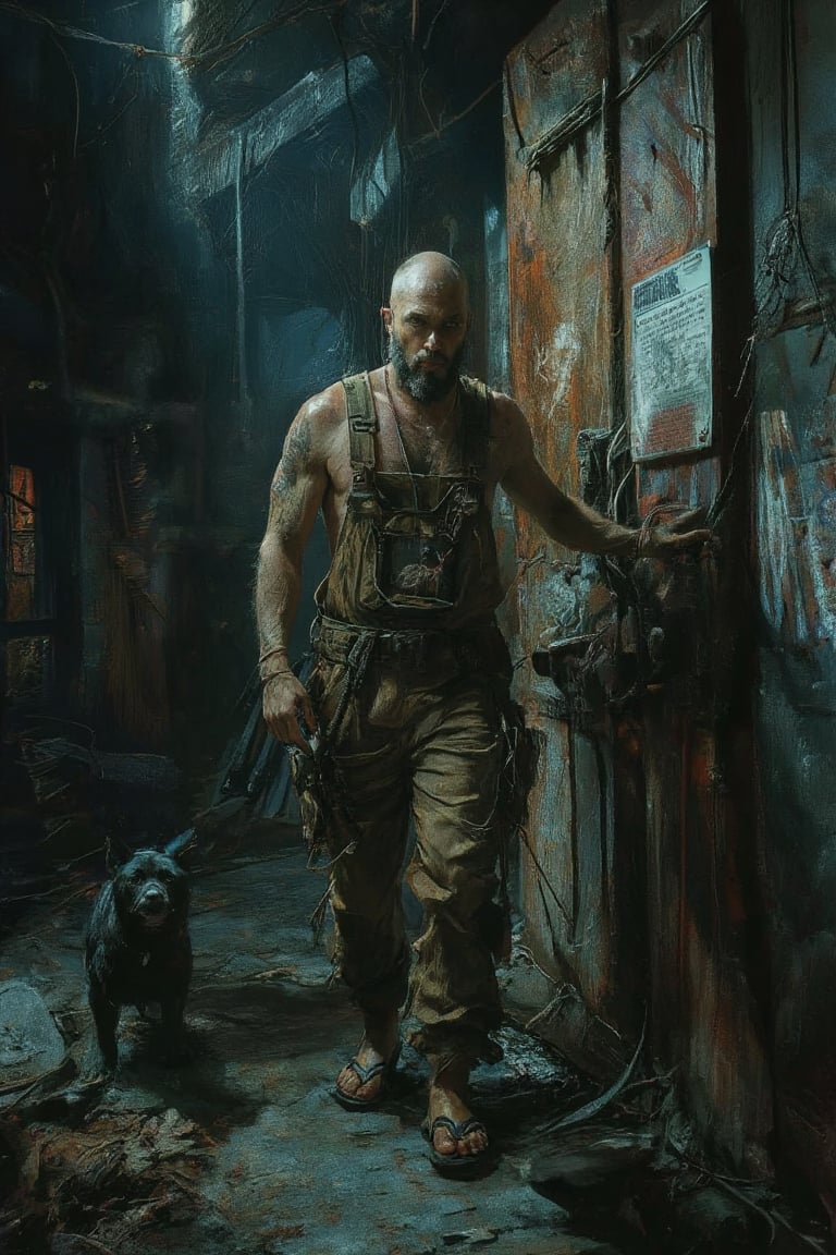 Midnight mist envelops the abandoned warehouse, casting an eerie glow. A bald, bearded young man, adorned with tattoos and dog tags, stands tall in worn overalls and flip-flops before a creaky wooden door. Eye-catching spotlight highlights his rugged features as he pushes open the weathered entrance. A black puppy's sharp bark echoes through the foggy night air. Broken windows, peeling paint, and vibrant graffiti decorate the walls. The discolored notice on the door seems to whisper secrets to the wind. Shallow depth of field blurs the surroundings, focusing attention on the subject as he steps into the unknown. Meticulous textures and realistic details bring this cinematic masterpiece to life.