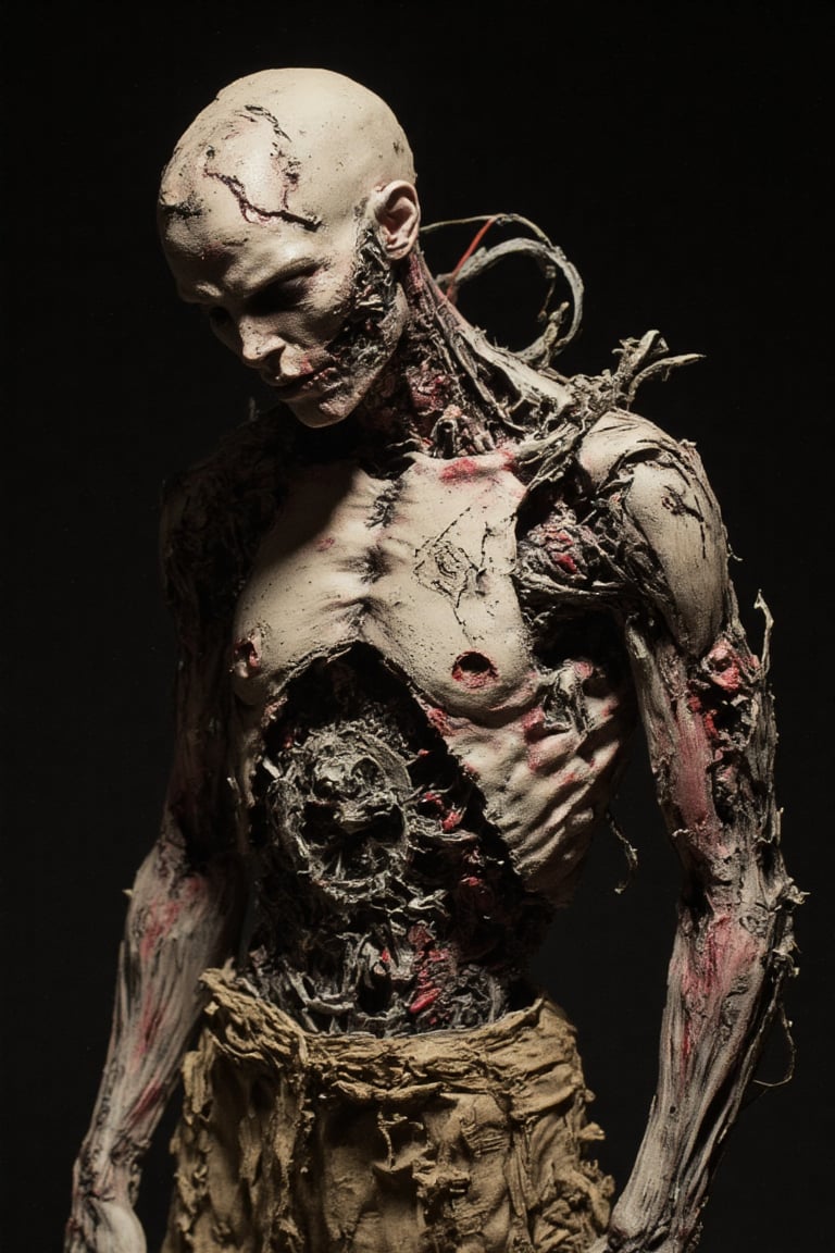 The image depicts a highly detailed and intricate mechanical figure with a grotesque,  zombie-like appearance. The figure...