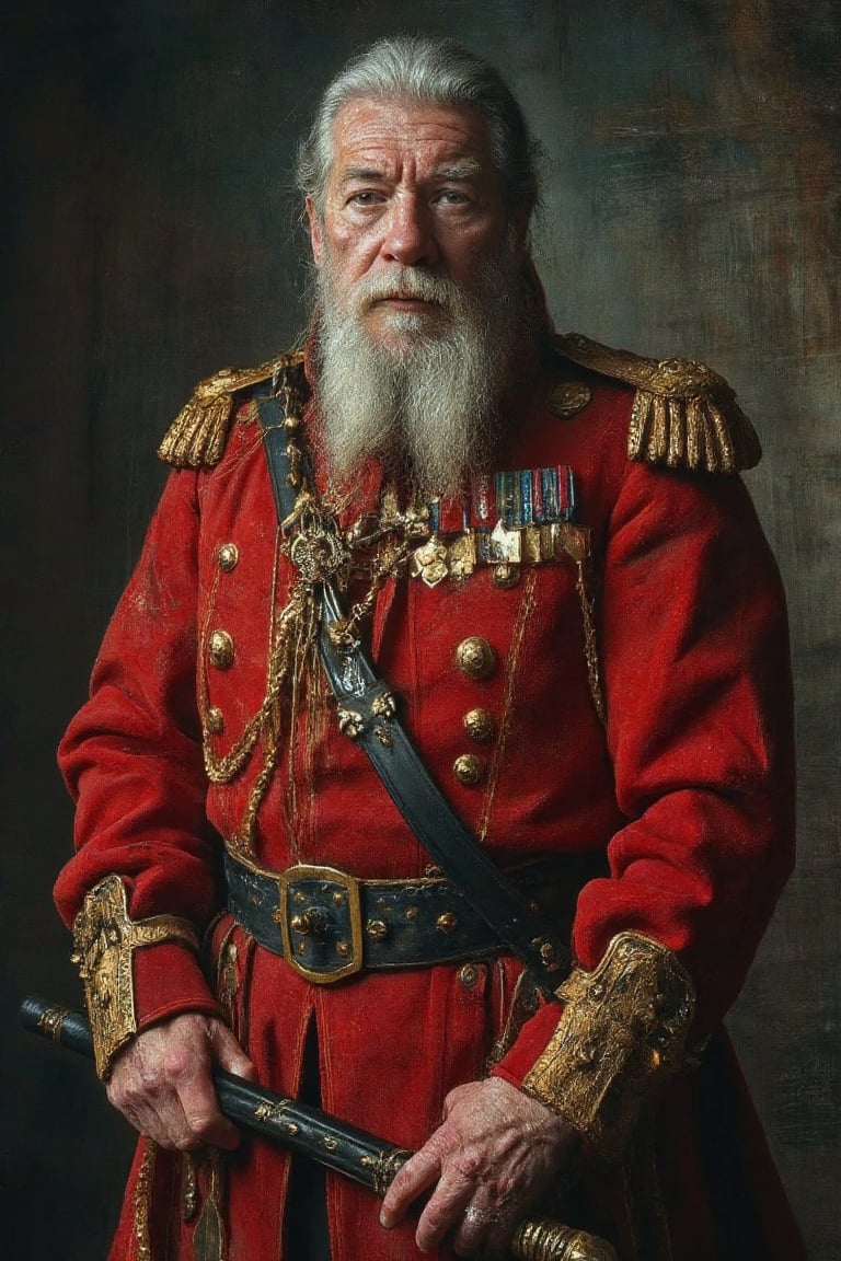 a portrait of an old man with gray hair and a long white beard is depicted. He is dressed in a red military uniform, adorned with a black belt and a gold belt buckle. His coat is adorned with gold accents, adding a touch of luxury to the scene. His left hand is holding a sword, while his right hand holds a sword. The background is a textured, adding depth to the composition.