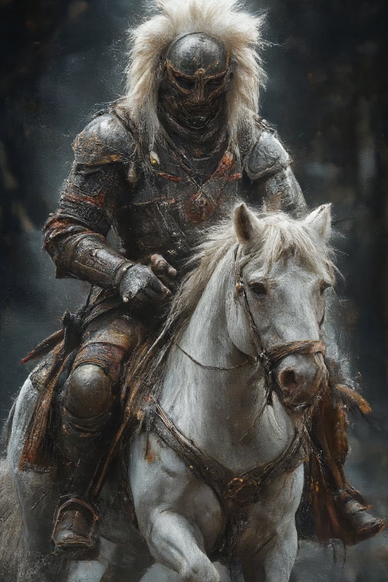 a man dressed in a medieval armor, riding a white horse. The horse is adorned with a white mohawk, adding a touch of color to the scene. The man's attire is reminiscent of a knight's armor, with a helmet on his head and a shield on his face. He is holding a sword in his right hand, while his left hand is positioned in the air. The background is blurred, creating a stark contrast to the horse and rider. At the bottom of the image, the word "S" is written in a cursive font.