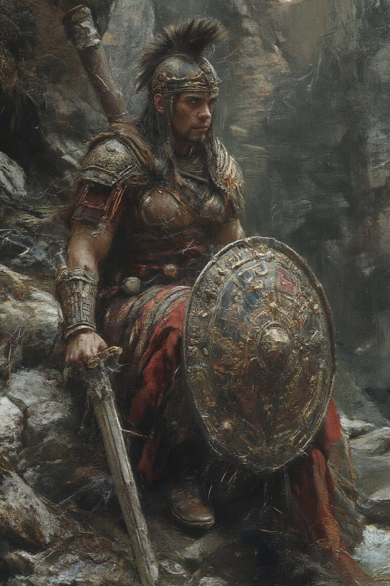 Full body shot, realistic, film grain, candid, toned film, eye spotlight, atmospheric lighting, skin pores, imperfections, natural, shallow depth of field, draw focus to the full angle shot, capturing Valkyrie, the goddess of war, wearing Roman armor, a helmet, and a spiky mohawk. Valkyrie sits on a rock, holding a sword in one hand and a shield in the other. The shield is decorated with intricate gold patterns, adding a touch of contrast to the scene. The rocky cliffs in the background make for a stunning backdrop, dotted with trees and a stream.