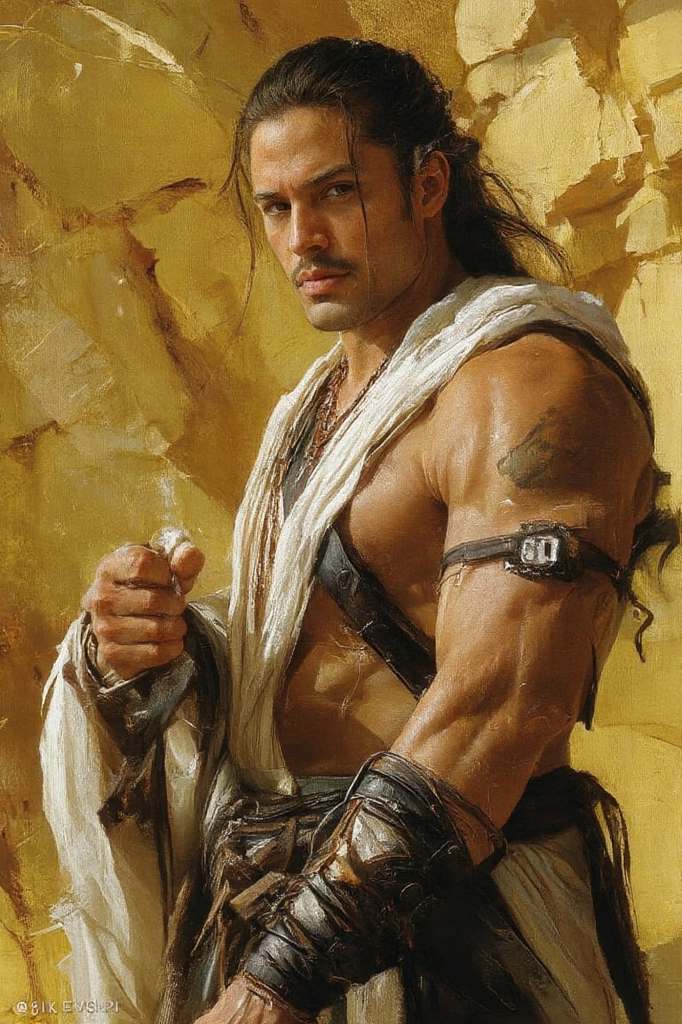 a medium-sized painting of a muscular man with long dark hair tied in a ponytail and a black mustache. He is holding a swo...