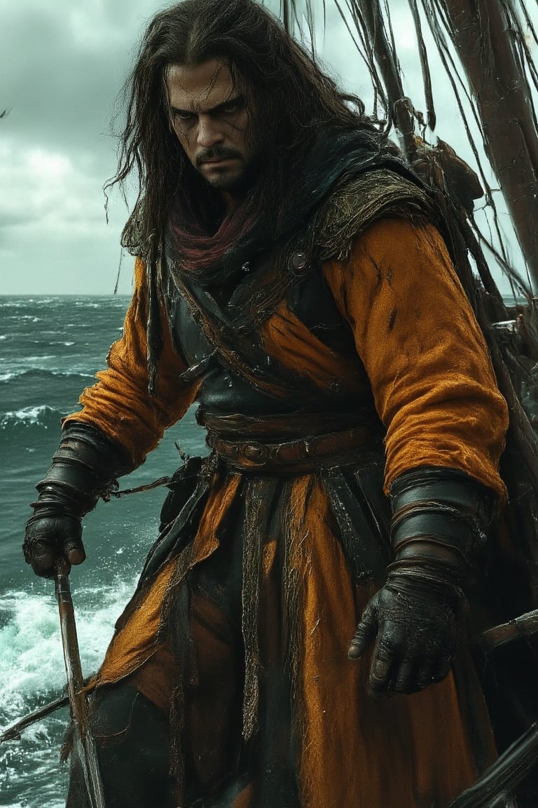 A majestic figure stands at the water's edge, beard flowing in the gentle breeze. Dark hair cascades down his back as he wears an ornate orange coat with a fur-lined hood, adorned with black gloves. His right hand grasps a large sword, while his left rests on its hilt. The man's right arm drapes over his left shoulder, contrasting with the serene surroundings. A kaleidoscope of green, blue, and white hues blend in the background, providing a striking backdrop for this enigmatic sailor.