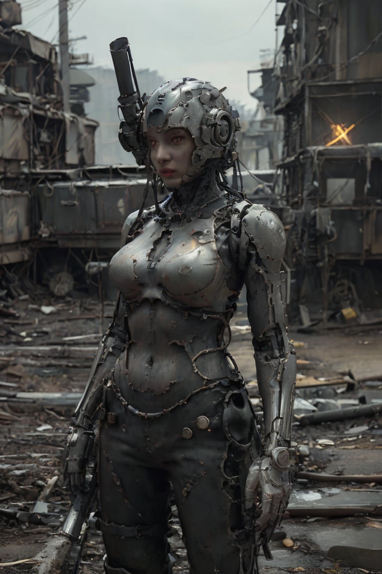 A cinematic photograph captures a majestic 2-meter tall organomachine creature standing amidst the desolate, rocky terrain of a barren planet. The humanoid figure boasts a robust biological core encased within a metallic exoskeleton, its modular limbs incorporating mechanical actuators and biological muscles. A metal helmet adorns the head, featuring multiple bionic eyes and sensors, while pale skin is partially covered by metal plates in various colors and textures. In this harsh environment devoid of life, the organomachine creature appears to be scavenging for robotic parts and energy sources. The 8K resolution photograph showcases ultra-detailed photorealism, with cinematic lighting accentuating the drama of the scene. The creature's athletic body shape and perfect proportions are highlighted, complete with notable features such as big breasts.,cutout dress,T-90M,BTR-80,Cyberpunk_Anime