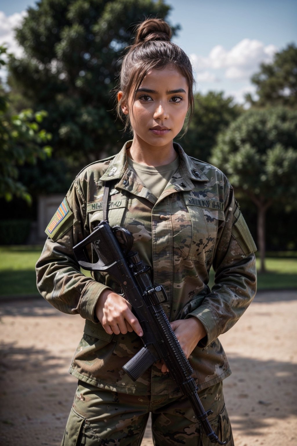 Shallow depth of field, vivid colors, photorealistic, RAW, 16K, Masterpiece, UHD, full body shot, sharp focus, professional, bokeh, French female army, messy bun, camo military fatigues, outdoor, barracks, loving gaze