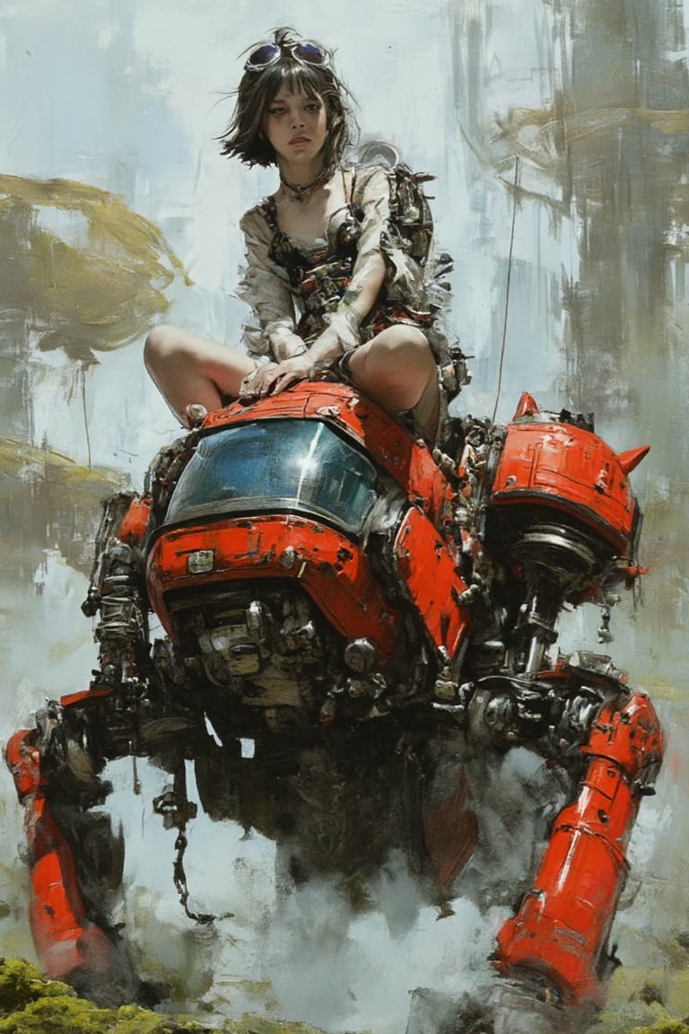 A full-body shot looking at the viewer,  the painting depicts a futuristic scene with a woman sitting atop a giant red mec...